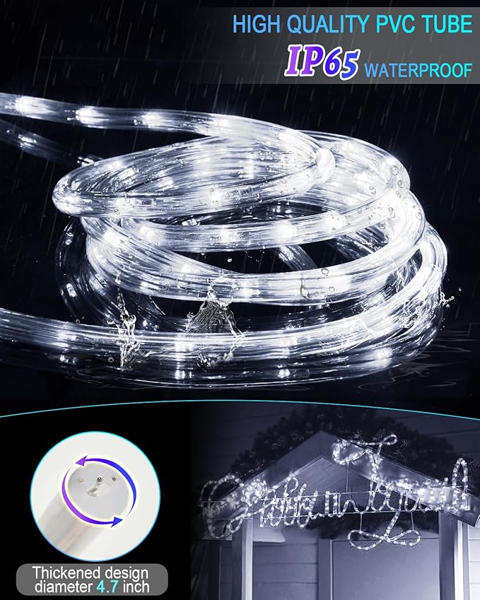 100ft 1080 LED Rope Lights Christmas Outdoor Waterproof, Flexible Connectable Tube Lights with 8 Modes, String Lights Decorative Lighting for Garden Patio Tree Bedroom Xmas Decor(White)