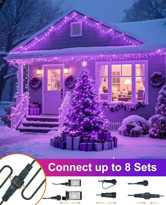 40FT 120 LED Christmas Lights Outdoor, Purple Christmas String Lights for Outside Waterproof, 8 Modes Connectable Christmas Tree Lights for Indoor Bedroom Tree Patio Holiday Decorations