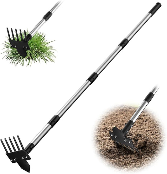 2-in-1 Heavy-Duty Weed Puller Tool with 5-Tine Rake ? 30 to 60 Adjustable Handle, Hoes for Gardening, Hoe Garden Tools for Loosening Soil, Planting, Weeding