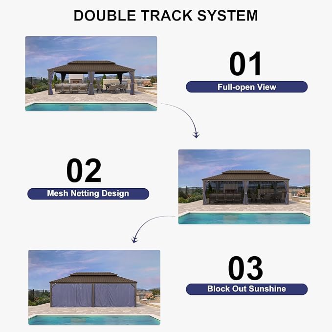 PURPLE LEAF 14' X 24' Outdoor Hardtop Gazebo Patio Wide Aluminum Frame Galvanized Steel Double Roof with Heavy Duty Netting and Curtains for Permanent Hard Top Pavilion Screen, Navy Blue