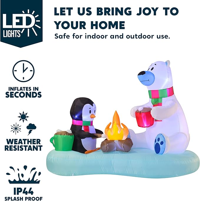 Joiedomi 6 FT Long Christmas Inflatable Polar Bear and Penguin with Campfire Decoration, Blow Up Yard Decoration Christmas Inflatable with Build-in LEDs Blow Up for Xmas Party, Lawn, Winter Décor