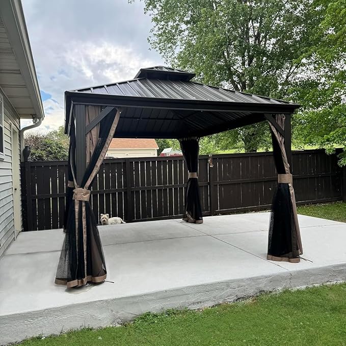 Domi 8’ X 8’ Hardtop Gazebo Canopy with Netting & Curtains, Outdoor Gazebo with Galvanized Steel Double Roof for Patio Lawn and Garden, Brown