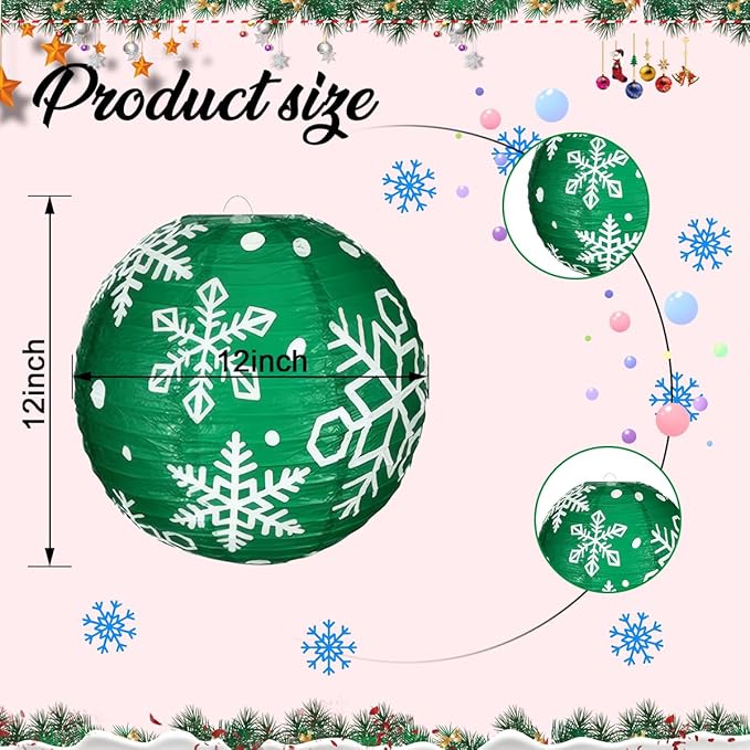 12 Pack Christmas Party Paper Lanterns 12 Inch Xmas Hanging Paper Lanterns, Snowflake Printed Round Lanterns for Xmas Home Party Wedding Holiday Decoration