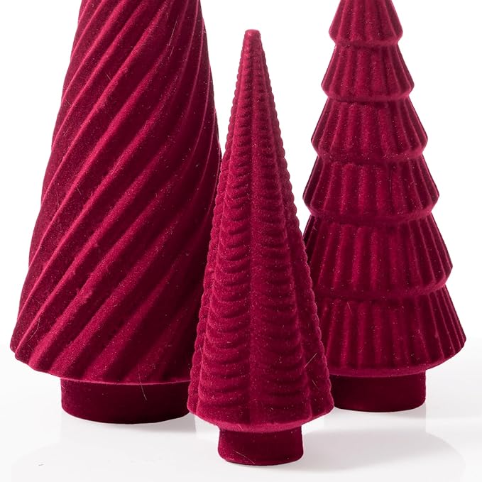 DN DECONATION 3Pcs Flocked Red Velvet Table Top Christmas Tree, Resin Xmas Tree Figurine Decor with Pine, Swirl & Wave Designs, Tree Statues Set for Christmas Indoor Decorations, Mantel, Entryway