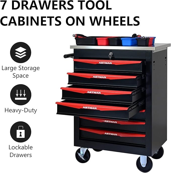 RYH 4/5/6/7 Drawers Rolling Tool Chest -Heavy Duty Mobile Metal Tool Box with Locking Wheels, with Stainless Steel Worktop, Garage Tool Storage Cabinet (Black, 7-Drawers 30.7 H¡¿22.2 W)