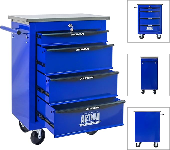 RYH 4/5/6/7 Drawers Rolling Tool Chest -Heavy Duty Mobile Metal Tool Box with Locking Wheels, with Stainless Steel Worktop, Garage Tool Storage Cabinet (Blue, 4-Drawers 30.7 H¡¿22.2 W)