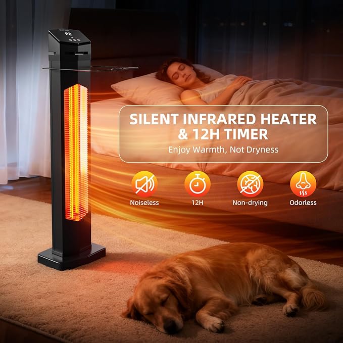 Outdoor Electric Patio Heater, 1500W 36in Infrared Tower Heater with 2 Heat Settings, 12-Hour Timer, IPX5 Waterproof, Tip-Over & Overheat Protection for Garage, Home, and Covered Spaces with Remote