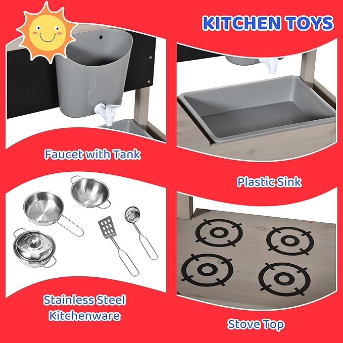 Outsunny Kids Sandbox with Cover, Wooden Outdoor Sandbox with Kitchen Playset Accessories, Height Adjustable Canopy, Outdoor Activity Gift for Boys and Girls Ages 3-7