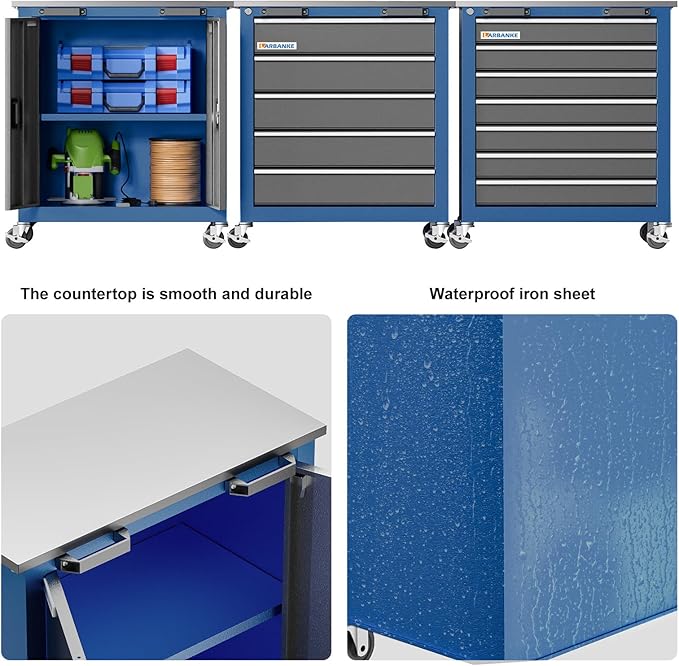 LARBANKE Tool Chest with Wheels and 4 Pad Feet,Tool Chest with 2 Doors and Adjustable Shelves,Lockable Steel Chest for Garage,Home and Office,can be Combined to Large Cabinet Set