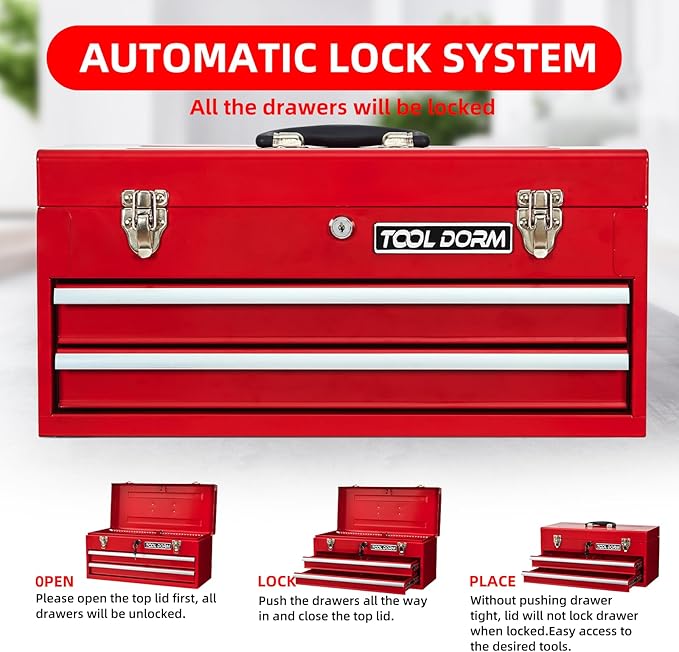 20.3¡° Metal Tool Box with Drawer Portable Steel Tool Box with Liner and Latch Closure and Lock for Garage, Home and Warehouse (Red-2 Drawers)