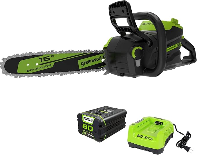 Greenworks 80V 16 Brushless Cordless Chainsaw (Great For Tree Felling, Limbing, Pruning, and Firewood / 75+ Compatible Tools), 2.5Ah Battery and Charger Included