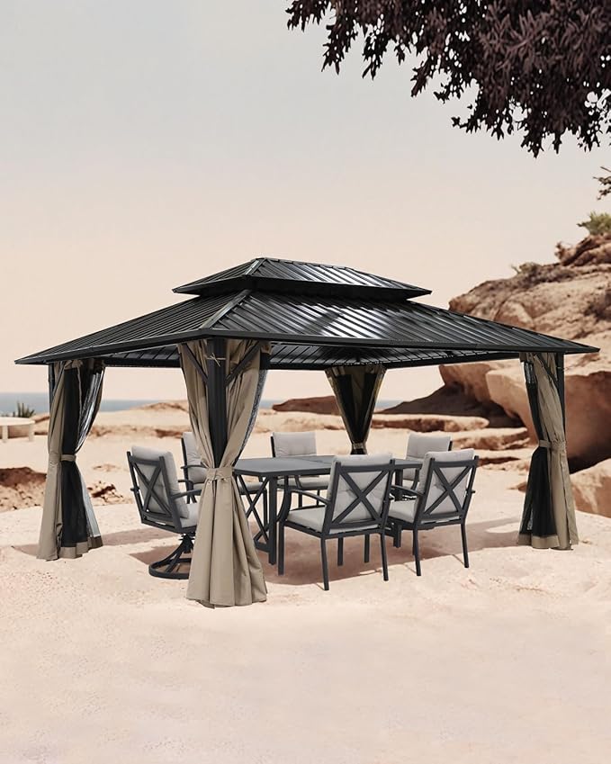 12' x 16' Hardtop Gazebo, Outdoor Patio Gazebo, Aluminum Frame Patio Hardtop Gazebos with Netting and Curtain, Outdoor Patio Pergola with Double Steel Roofs for Deck, Lawns, Garden, Sandstone
