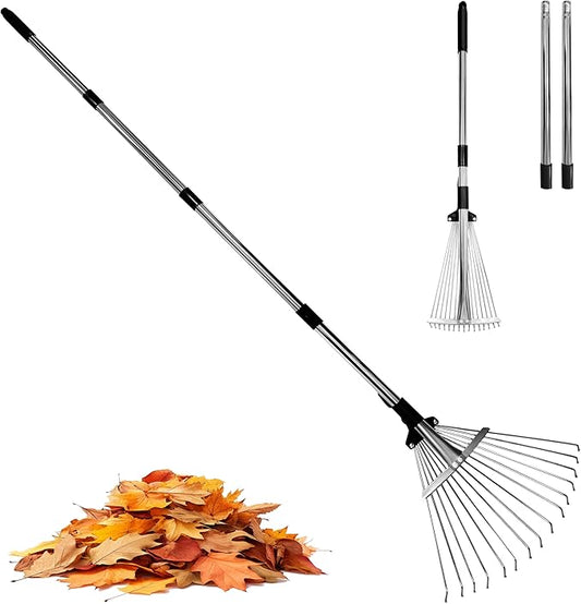 2 Pack Garden Rake for Leaves,Heavy Duty Metal Adjustable Leaf Rake for Lawns,Long Handle 33-69 with Expandable Head 8-15,Garden Tools for Yard Lawn Shrub Garden Beds