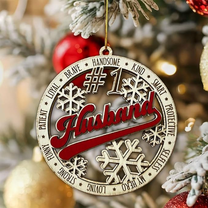 #1 Husband Wooden Christmas Ornament – Rustic Holiday Tree Hanging Decoration, Romantic Xmas Gift for Husband, Anniversary or Stocking Stuffer Keepsake