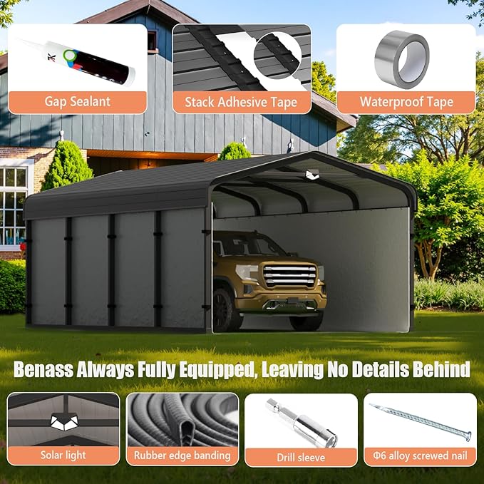 12x20 Metal Carport, Galvanized Steel Roof Car Port with Remvoable Polyethylene Sidewalls