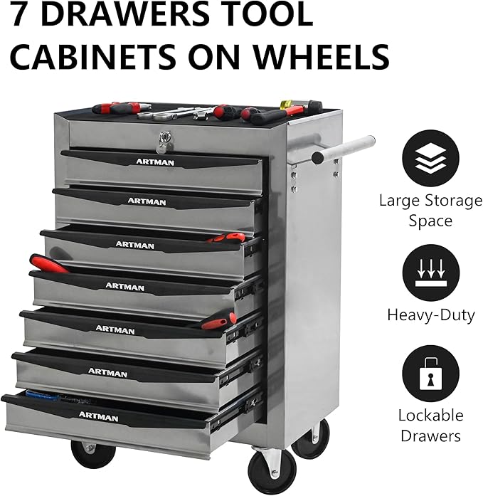 RYH 4-7 Drawers Rolling Tool Chest & Tool Box on Wheels | Heavy Duty Metal Cart with Ball Bearing Drawers | Fits US General Tool Box for Garage Storage (Silver, 7 Drawers£¨30.5 H ¡¿ 20.9 W ¡¿ 13 D)