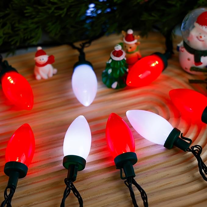 HAYATA C9 Bulbs Classic Christmas Lights - 50 LED 32ft Strawberry String Light Red&White - Extendable 8 Modes Funtion with Timer Fairy Lighting for Outdoor, Indoor, Party, Home, Tree Decorations