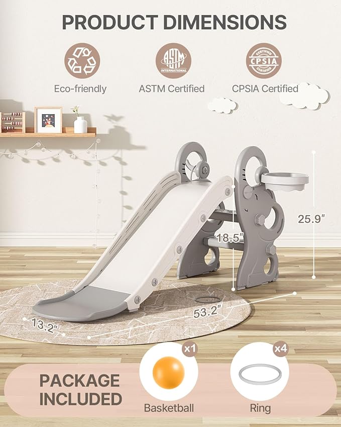 Babytronic Toddler Slide, Kids Indoor Outdoor Playset with Basketball Hoop & Ring Toss, Foldable Baby Plastic Slide, Outdoor Playground Climber Slide (Gray&White)