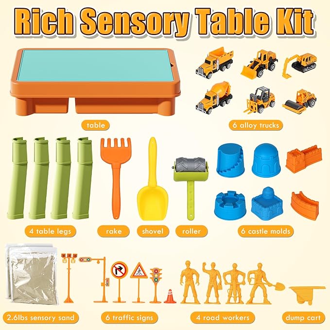 Lehoo Castle Sensory Table with Sensory Sand, Indoor Sensory Bin with Lid & 2.6lbs Play Sand, Construction Kit with 6 Alloy Trucks & Castle Molds, Sensory Toys for Toddler Boys and Girls