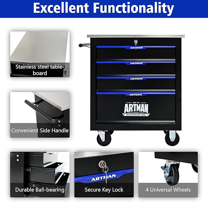 RYH 4/5/6/7 Drawers Rolling Tool Chest -Heavy Duty Mobile Metal Tool Box with Locking Wheels, with Stainless Steel Worktop, Garage Tool Storage Cabinet (Black-Blue, 4-Drawers 30.7 H¡¿25.9 W)