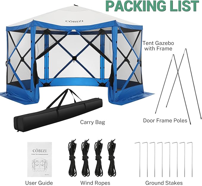 COBIZI 12x12 Pop up Canopy Tent, Gazebos on clearance with 5 removable sidewalls & mosquito net for Camping, Outdoor patio screened gazebo, Portable Hub Tent with Carrying Bag & Stakes, Blue(Upgraded)