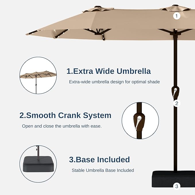 13FT Double-Sided Patio Umbrella with 48 Solar LED Lights, Large Rectangular Outdoor Market Umbrella with Crank Handle, Vented Canopy, Heavy-Duty 12 Rib Steel Frame, for Backyard, Garden, Pool, Beige