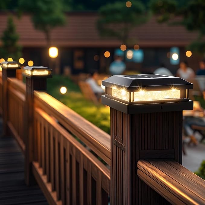 Brightever 4x4 Solar Post Cap Lights Outdoor 8 Packs, Waterproof Solar Powered Deck Light for 5x5 Vinyl/Wooden Posts, Black Outside Warm/Cool Lighting Fence Cap Lights with 16LEDs for Garden, Patio
