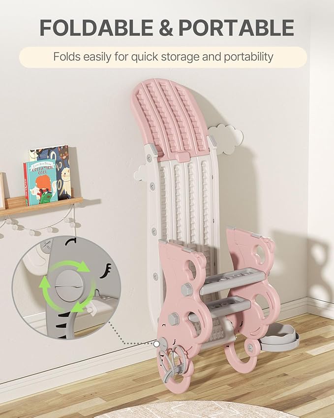 Babytronic Toddler Slide, Kids Indoor Outdoor Playset with Basketball Hoop & Ring Toss, Foldable Baby Plastic Slide, Outdoor Playground Climber Slide (Pink&White)