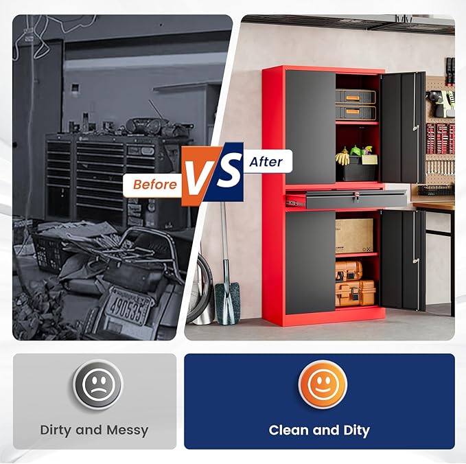Yizosh Metal Garage Storage Cabinet with Locking Doors and Adjustable Shelves,- 71 Tool Storage Cabinet with 1 Drawer for Garage,Office,Warehouse