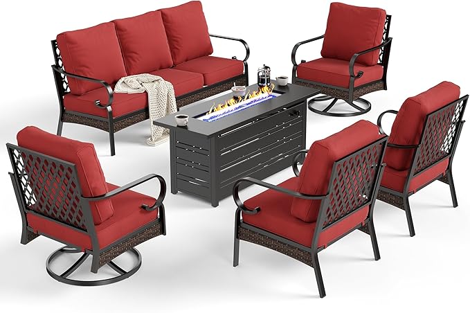 6 Piece Metal Outdoor Patio Furniture Sets with Firepit Table, Patio Conversation Sets 1 3-Seater Sofa, 2 Leg Sofa and 2 Swivel Chair with 5.75" Cushion for Backyard Deck, Rust Red