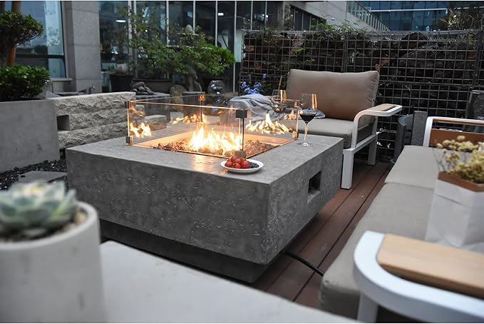 Elementi Manhattan Concrete Fire Pit 36 x 36 Outdoor Patio Firepit Includes Lava Rocks Modern Fire Pits & Outdoor Fireplaces for Garden, Deck, Indoor & Outdoor Heating