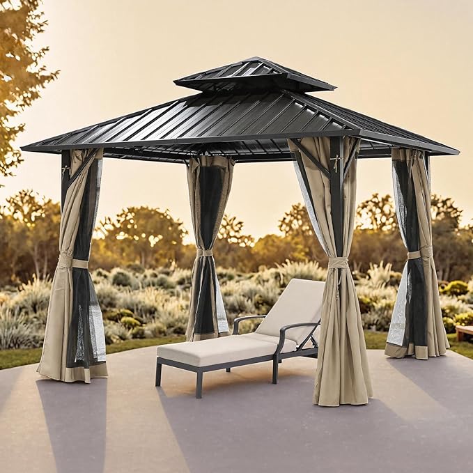 12' x 12' Hardtop Gazebo, Aluminum Frame Patio Hardtop Gazebos with Netting and Curtain, Outdoor Patio Pergola, Outdoor Patio Gazebo with Double Metal Roofs for Lawns, Garden, Deck, Sandstone