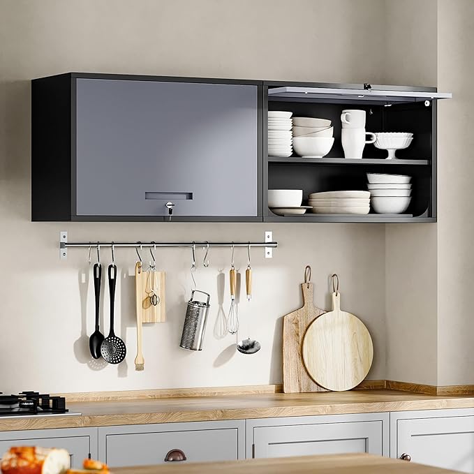 Yizosh Metal Wall Cabinet with Doors and Shelves, Wall Mounted Storage Cabinet for Garage, Basement, Kitchen, Warehouse (Black Gray, 21.6 H)