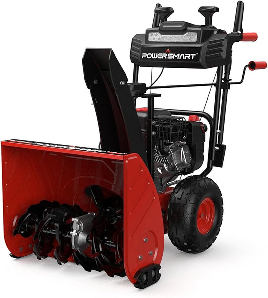 PowerSmart 24-Inch Self-Propelled Two-Stage Gas Snow Blower with 208cc B&S Engine, Electric Start, 13-Inch Snow Tires, Handle Warmer, and LED Lights