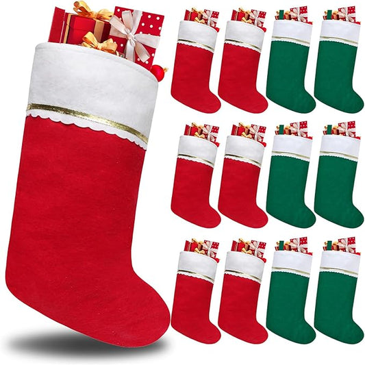 12 Pack Felt Christmas Stockings, 19 Inches Christmas Stockings Hanging Ornaments, White Cuff with Gold Trim Christmas Stockings for Family Christmas Holiday Decorations(6pcs Red+6pcs Green&White)