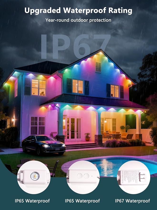 50FT Permanent Outdoor Lights Pro, RGBIC Smart Eave Lights IP67 Waterproof, 120 Scene Modes with 596lm RGB for Outdoor Decorations, Christmas, Smart App/Remote, Works with Alexa, Google Enabled, White