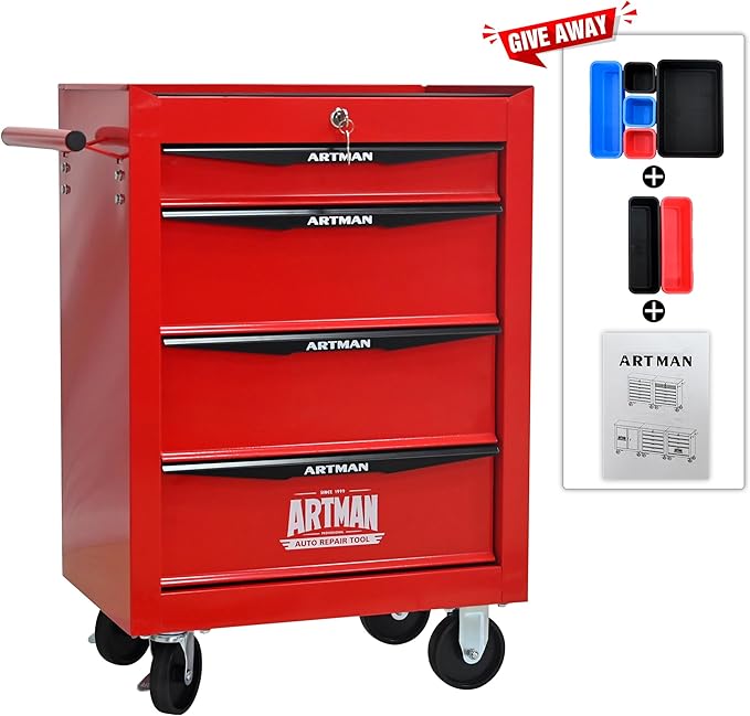 RYH 4 Drawers Rolling Tool Chest - Heavy Duty Mobile Tool Cart with Locking Wheels & Ball Bearing Drawers, 30.5 H x 20.9 W x 13 D Garage Tool Storage Cabinet (Red, 4 Drawers)