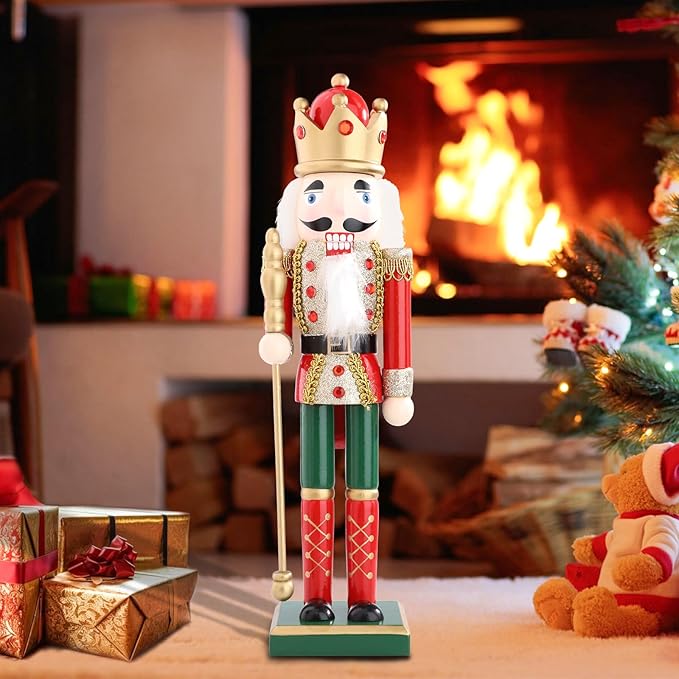 Christmas Nutcrackers Figure 15Inch 1PCS Wooden Nutcracker Ornament Nutcracker Christmas Decoration Figures for Desktop Home Decor Kids Gift Red