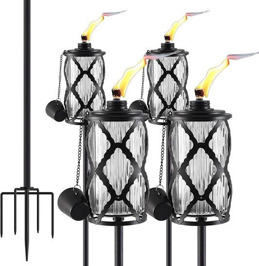 4 Pack Gray Glass Garden Torch,59-Inch Outdoor Torch Garden Décor, Upgraded 16 oz Citronella Torches with 5-Prong Grounded Stake,Metal Light Torches for Party Patio Pathway