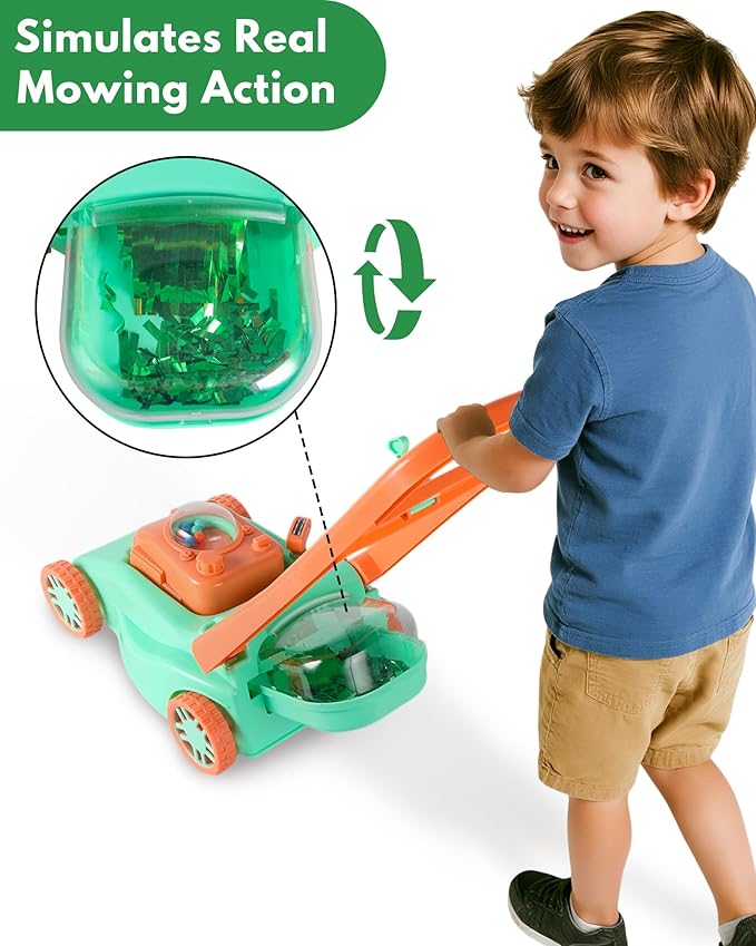 Kids Lawn Mower with Realistic Grass-Cutting Action and Sounds – No Batteries Required | Fun Outdoor Push Toy, Birthday Gift & Holiday Present for 3, 4, 5, 6, 7, 8 Year Old Boys and Girls (Green)