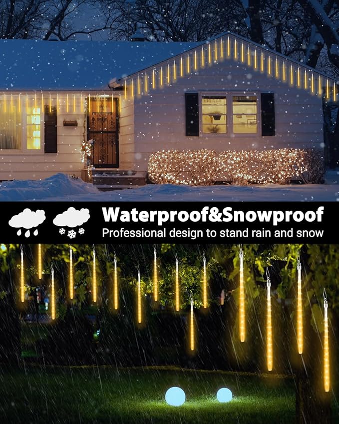 Warm White 20 Tubes Meteor Shower Icicle Lights 480 LED Raindrop Lights with Timer Function Cascading Falling Rain Light for Holiday Party Christmas Decorations