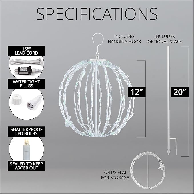 LED Light Ball Indoor-Outdoor Christmas Hanging Tree Globe Light Sphere, Fold Flat Metal Frame (12", White Frame/Green String Lights)