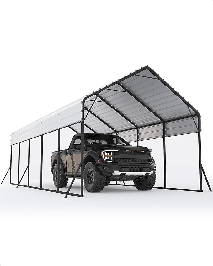13x26 FT Metal Carport Heavy Duty Car Ports Reinforced Frame, Galvanized Steel Roof and Enhanced Base All-Weather Outdoor Oversized Shelter for Cars, Bass Boats, Full-Sized Pickup Trucks, Tractors