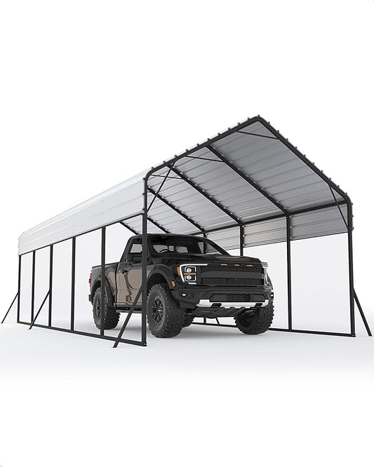 13x26 FT Metal Carport Heavy Duty Car Ports Reinforced Frame, Galvanized Steel Roof and Enhanced Base All-Weather Outdoor Oversized Shelter for Cars, Bass Boats, Full-Sized Pickup Trucks, Tractors