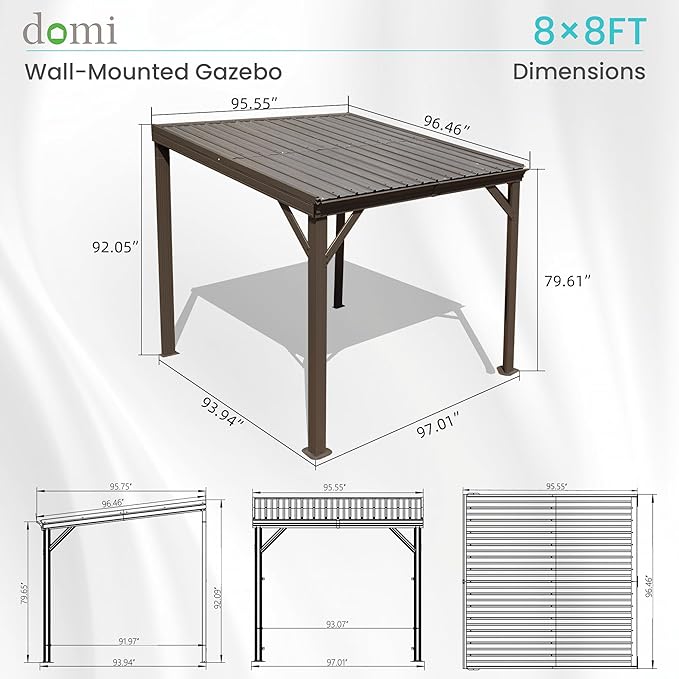 Domi 8' x 8' Lean to Gazebo, Wall Mounted Gazebos Pergola with Built in Drainage System, Galvanized Steel Roof, Hardtop Patio Shelter for Deck, Porch, Backyard and More,Brown