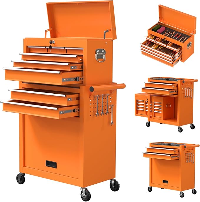 8-Drawer Rolling Tool Chest, High Capacity Removable Tool Storage Cabinet, Detachable Toolbox with Lock for Garage Warehouse and Tool Room (Orange)