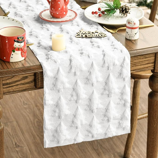 Artoid Mode Christmas Trees Soft Plush Faux Fur Jacquard Christmas Table Runner, Holiday Kitchen Dining Table Decoration for Home Party Decor 13x60 Inch