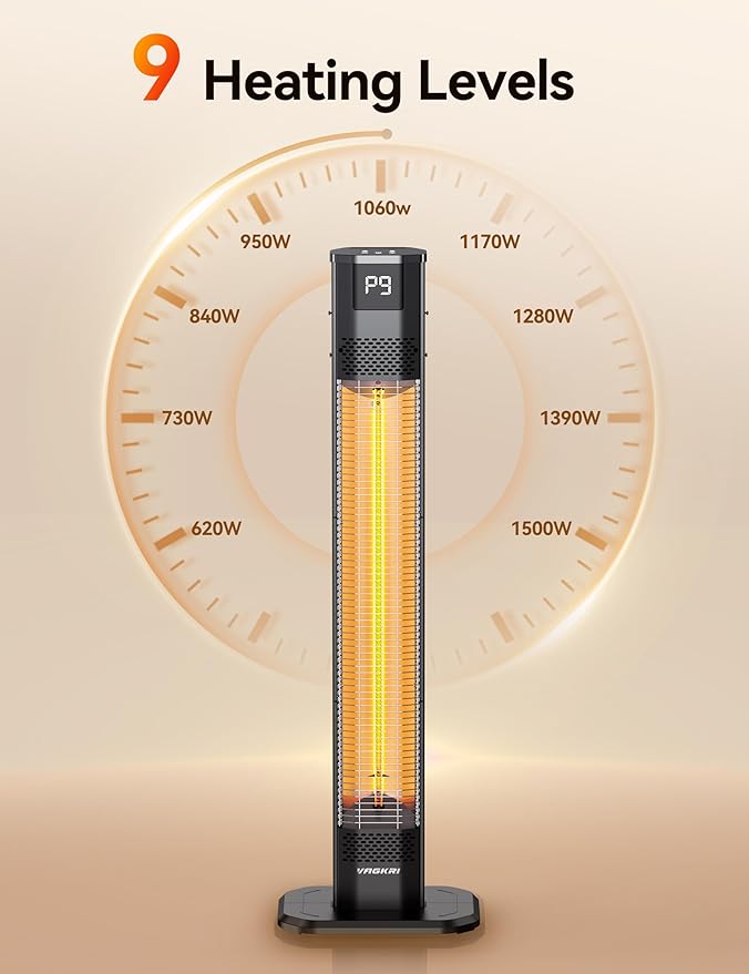 VAGKRI 42 1500W Electric Outdoor Infrared Heater with Remote, 9 Heat Levels, 24H Timer, 1S Fast Heating, IPX5 Waterproof Tower Space Heater for Home, Office, Patio, Garage