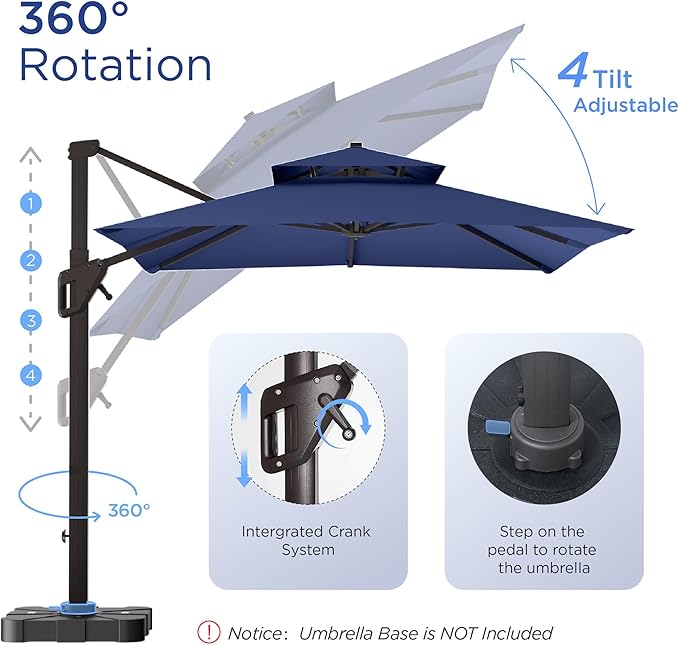 10' X 13' Patio Umbrella with Base Included Outdoor Large Rectangle Offset Cantilever Umbrellas Double Top Heavy Duty Windproof with 360-degree Rotation for Pool Garden Deck, Navy