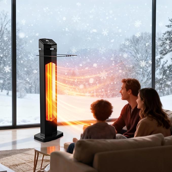 Outdoor Electric Patio Heater, 1500W 36in Infrared Tower Heater with 2 Heat Settings, 12-Hour Timer, IPX5 Waterproof, Tip-Over & Overheat Protection for Garage, Home, and Covered Spaces with Remote